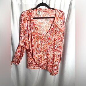 Anne Klein Women’s Animal Print Long Sleeve Blouse Pullover Orange Size XL